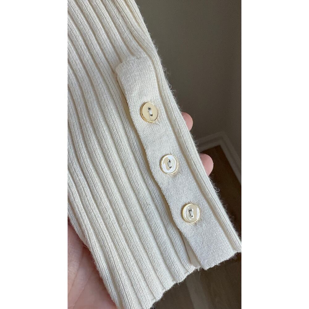Ivory Ribbed Mock Neck Sweater Button Sleeve Quiet Luxury Soft Knit Medium - Picture 3 of 5
